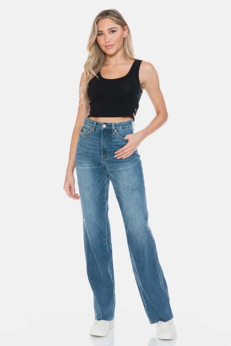 Judy Blue Full Size Tummy Control Cut Raw Hem Straight Jeans - Love Salve